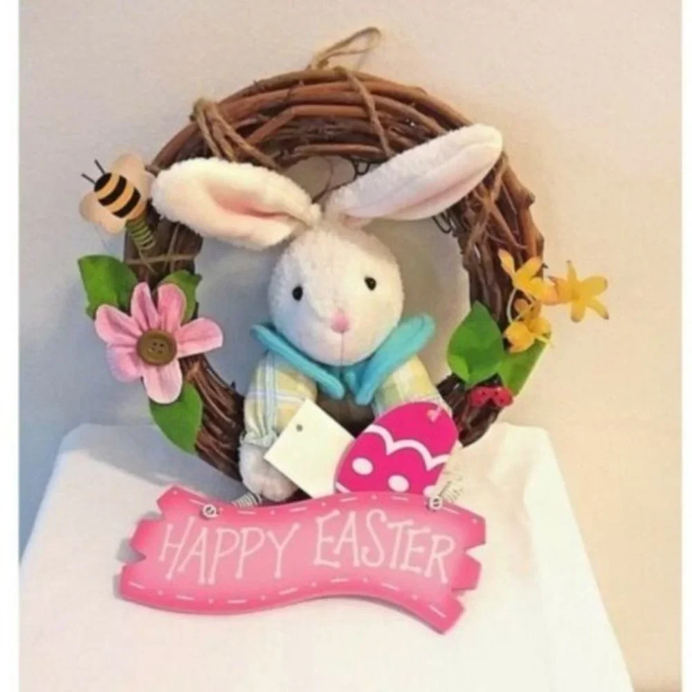 Easter Wreath GRAPEVINE with Stuffed Bunny Ladybug Flowers Wood Sign New